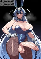 1girl ai_generated animal_ears artist_name bare_shoulders black_background blue_bow blue_bowtie blue_eyes blue_hair blue_leotard bow bowtie breasts brown_pantyhose bunnysuit cleavage clothing covered_navel cowboy_shot detached_collar erection fake_animal_ears fishnet_legwear fishnet_pantyhose fishnets futanari gloves hair_between_eyes hand_on_own_hip huge_breasts huge_penis huge_testicles intersex jennieart02 large_breasts large_penis large_testicles legwear leotard long_hair looking_at_viewer official_alternate_costume pantyhose parted_lips patreon patreon_logo patreon_username penis playboy_bunny rabbit_ears simple_background solo standing strapless strapless_leotard sweat testicles thick_thighs thighs twitter twitter_username veins veiny_penis very_long_hair watermark white_gloves wrist_cuffs