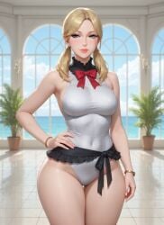 1girls ai_generated bangle belly_button_visible_through_clothing blonde_hair blue_eyes bow_accessory bow_ribbon collar female hand_on_hip hip_scarf medium_breasts monokini ocean_background one_hand_on_hip potted_plant sideboob sky solo_female swimsuit swimwear thick_thighs twintails wide_hips