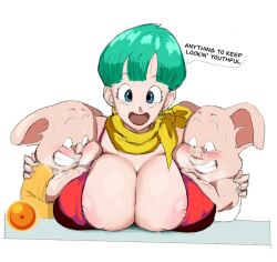 1girls 2boys areolae aroused big_breasts blue_eyes blush boobs breasts bulma_briefs cleavage dialogue dragon dragon_ball dragon_ball_(object) dragon_ball_z english_text female green_hair hi_res looking_at_viewer male neckerchief nipple_peek oolong red_lipstick smiling speech_bubble steamy_breath teeth_showing tits white_background zetomeso