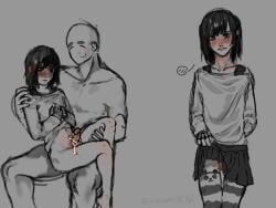 1anon 2boys anon black_hair blush bow bow_on_penis dramatical_murder erection femboy gay greyscale no_penetration no_underwear petite petite_male ribbon_on_penis sei_(dramatical_murder) sitting_on_lap skirt skirt_lift stockings thighhighs yaoi yukidokeix