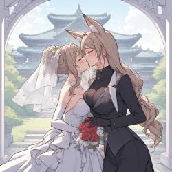 2girls ai_generated archway beautiful_background blush bouquet bridal_veil brown_hair closed_eyes clothed female_only fox_ears fox_girl happy kissing married_couple monster_girl newlyweds romantic_couple suit temple wedding wedding_dress wholesome wife_and_wife yuri