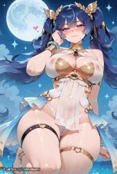 ai_generated anklet bare_shoulders bikini blue_hair blush breasts cameltoe cleavage closed_mouth covered_navel covered_nipples female full_moon gold_bracelet hair_ornament halterneck heart_o-ring hi_res highleg highleg_panties highres iuno_(wuthering_waves) jewelry kuro_games large_breasts lillith_inferna_arts logo long_hair looking_at_viewer moon navel night night_sky nipples o-ring_thigh_strap ocean original_artwork outdoors panties patreon persyarts purple_eyes sandals see-through skindentation sky smile solo sparkle star_(sky) starry starry_sky swimsuit thick_thighs thigh_strap thighlet thighs twintails udnerwear water watermark wet wet_clothes white_panties wuthering_waves