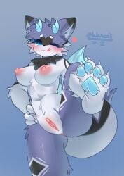 absurd_res anal anthro anus ass blue_body blue_eyes blue_horn breasts dragon female genitals hi_res horn lalamedli mythological_creature mythological_scalie mythology nipples nude penetration pink_nipples scalie sex_toy shy solo vaginal_penetration vulva white_body