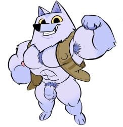 animal_humanoid armpit_hair body_hair canid canid_humanoid canine canine_humanoid chibi david_(quokka's_wild_life) flexing hi_res humanoid kimseng(artist) male mammal mammal_humanoid muscular muscular_arms nude quokka's_wild_life_(series) shortstack sleeveless_jacket