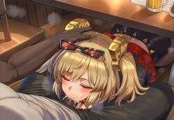 1boy 1boy1girl 1girls 2026 absurd_res ai_generated biker_clothes blonde_hair blush burnice_white closed_eyes cum_in_mouth dark-skinned_male dark_skin enmaai fellatio female glasses_on_head hair_ornament hand_on_head highres hoyoverse interracial light-skinned_female light_skin male restaurant self_upload under_the_table zenless_zone_zero