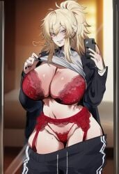 1girls ai_generated ass big_ass big_breasts blazer blonde_female blonde_hair blue_eyes breasts female ksyra ksyraarts long_hair nude nude_female phone phone_camera red_underwear shirt solo solo_female solo_focus