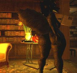 2020 3d_(artwork) anthro anus ass big_butt black_body black_fur black_hair book bracelet digital_media_(artwork) female fluffy fluffy_tail fur hair hand_on_butt horn inside isazicfazbear jewelry leather_bracelet library looking_back nipples nude presenting presenting_hindquarters reading reading_book scp-023 solo standing tail white_eyes