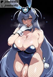 1girl ai_generated animal_ears bare_shoulders black_background blue_bow blue_bowtie blue_eyes blue_hair blue_leotard blush bow bowtie breasts bunnysuit cleavage clothing cowboy_shot crotchless cum cum_in_mouth cum_on_body cum_on_breasts detached_collar erection fake_animal_ears finger_in_another's_mouth finger_in_own_mouth fishnet_legwear fishnet_pantyhose fishnets flaccid foreskin futanari gloves hair_between_eyes headgear heart-shaped_pupils heavy_breathing huge_breasts intersex jennieart02 large_breasts large_penis leotard licking_finger long_hair looking_at_viewer mouth_pull new_jersey_(azur_lane) official_alternate_costume open_mouth pantyhose patreon patreon_logo patreon_username penis playboy_bunny rabbit_ears saliva semen simple_background solo strapless strapless_leotard sweat symbol-shaped_pupils testicles thick_thighs thighs tongue tongue_out twitter twitter_username veins veiny_penis very_long_hair watermark white_gloves wrist_cuffs
