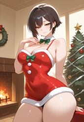 ai_generated bangs bare_shoulders black_hair black_panties bow bowtie breasts brown_eyes brown_hair christmas christmas_tree cleavage closed_mouth covered_navel cowboy_shot detached_collar dress female fire fireplace fur-trimmed_dress fur_trim green_bow green_bowtie indoors large_breasts looking_at_viewer minus5 original_character panties panty_peek red_dress santa_dress short_dress short_hair smile solo thighs underwear yellow_eyes