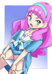 aqua_eyes aqua_serafuku aqua_skirt asortofcolorfag belt censored female flat_chest from_above highres large_variant_set laura_la_mer looking_at_viewer looking_up miyagoe_yoshitsuki mosaic_censoring open_mouth panties panty_pull pink_hair precure pulling_own_clothes pussy school_uniform serafuku skirt solo thick_eyebrows tropical-rouge!_precure underwear variant_set white_panties