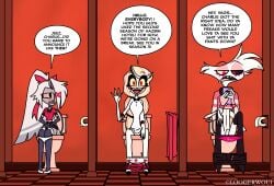 absurd_res angel_dust animal_humanoid anthro arachnid arachnid_humanoid arthropod arthropod_humanoid bathroom charlie_morningstar clothed clothing demon dialogue english_text female greeting group hazbin_hotel hellaverse hi_res humanoid implied_scat insects lepidopteran loogerwoui looking_at_viewer male male/female moth panties panties_down partially_clothed profanity public_restroom restroom_stall scat smile smiling_at_viewer speech_bubble spider spider_humanoid text toilet_paper toilet_use trio underwear underwear_down vaggie_(hazbin_hotel)