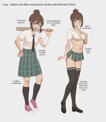 1girls baseball_bat before_and_after brown_hair cleavage english_text female female_only femsub meeps123 microskirt miniskirt necktie panties panties_visible_under_skirt panty_peek png revealing_clothes scenes_from_leda_women’s_prison short_skirt side_slit side_slit_skirt skimpy_clothes skirt text thighhighs underboob