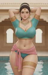 ai_generated architecture arms_behind_head bangs bell_earrings belly_button bindi blouse blurred_background blurry_background busty cleavage earrings embroidery fabric_belt female forehead_jewelry grok hair_bun hip_scarf hourglass_figure indian indian_clothes indian_female jewelry milf necklace poolside rgomez007 short_sleeves solo_female thick_thighs thigh_strap thighlet tied_clothing traditional_clothes wide_hips
