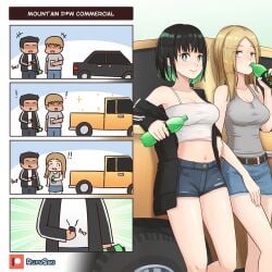 2020s 2022 2girls ass bare_legs bare_midriff belt black_hair blonde_hair blue_bottomwear blush breast_expansion breasts brown_belt car denim_shorts denim_skirt english_text female gender_transformation green_eyes green_hair grey_topwear hair_growth manga minishorts mountain_dew mtf_transformation multiple_panels open_jacket original patreon_logo patreon_username rudy_saki shiny_skin shorts skirt tagme tank_top tomboy transformation transformation_sequence tsf_4-koma two_tone_hair white_topwear