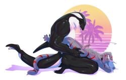 anthro bodily_fluids cetacean claws cum dolphin duo felid feline from_front_position genital_fluids genitals hi_res kneeling male male/male mammal marine muscular nude oceanic_dolphin orca penis peritian side_view toothed_whale