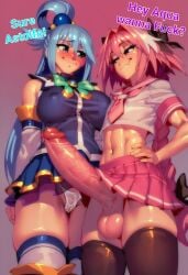 1boy 1girls ai_generated aqua_(konosuba) astolfo_(fate) balls bare_legs bare_thighs big_breasts big_penis blue_hair blush color english_text fate fate/grand_order fate_(series) female femboy femboy_on_female gigiti hi_res huge_cock kono_subarashii_sekai_ni_shukufuku_wo! large_breasts light-skinned_female light_skin long_hair looking_at_another male male/female massive_penis pink_eyes pink_hair smug smug_face text thick_thighs trogiai