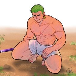 moonmuzzle one_piece larger_male roronoa_zoro zoro_(one_piece) zoro bara barazoku bara_tits bara_tiddies 1boy male male_only male_focus manly masculine_male gay yaoi solo solo_focus solo_male muscular muscular_male muscles hunk beefy tough_guy bigger_male broad_shoulders scars scar_on_face scar scar_across_eye scar_on_chest japanese_male pirate post-timeskip handsome_man earrings half_naked half_nude underwear underwear_only white_underwear bulge big_bulge penis_bulge ballsack trapezius sword swordsman holding_sword muscular_thighs biceps abs six_pack looking_away collarbone big_dick_energy green_hair big_thighs barefoot feet male_feet