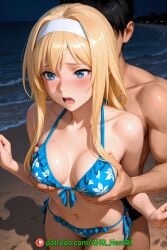 1boy 1girls ahq_hentai ai_female ai_generated alice_zuberg beach bikini blonde_hair blue_eyes blush breasts female fondling fondling_breast grabbing grabbing_breasts grabbing_from_behind medium_breasts moaning nipples patreon perfect_body sexy stable_diffusion sword_art_online wet