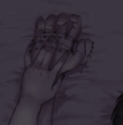 cross dark_hair digital_drawing_(artwork) digital_media_(artwork) female_on_top femdom hand_holding hands implied_fingering implied_sex male/female nail_polish offscreen_character offscreen_female offscreen_male offscreen_sex original original_characters priest religion rosary