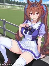 ai_generated animal_ears antenna_hair arm_support artist_name blue_bow blue_sky blush bow bowtie breasts brown_footwear brown_hair cloud collarbone daiwa_scarlet_(umamusume) day female fence frilled_skirt frills hair_between_eyes hair_intakes hair_ornament hairbow hand_on_own_chest hand_up horse_ears horse_girl horse_tail horseshoe_ornament large_breasts loafers long_hair looking_at_viewer miniskirt mionety oerba_yun_fang open_mouth outdoors panties pantyshot pleated_skirt puffy_short_sleeves puffy_sleeves purple_bow purple_bowtie purple_shirt railing red_eyes sailor_collar sailor_shirt school_uniform serafuku shirt shoes short_sleeves sitting skin_fang skirt sky solo summer_uniform tail thighhighs thighs tiara tracen_school_uniform tree twintails twitter_username umamusume underwear very_long_hair white_panties white_sailor_collar white_skirt white_thighhighs