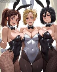 3girls :d ai_generated animal_ears annie_leonhardt attack_on_titan bangs bare_shoulders black_bow black_bowtie black_eyes black_hair black_leotard blonde_hair blue_eyes blush bow bowtie breast_press breasts brown_eyes brown_hair cleavage collarbone covered_navel dandanhub detached_collar fake_animal_ears female female_only fishnet_pantyhose fishnets hair_between_eyes highleg highleg_leotard large_breasts leotard looking_at_viewer medium_breasts mikasa_ackerman multiple_girls open_mouth pantyhose parted_bangs parted_lips ponytail rabbit_ears rabbit_tail sasha_braus shingeki_no_kyojin short_hair side-tie_leotard smile strapless strapless_leotard sweat tail white_leotard wrist_cuffs