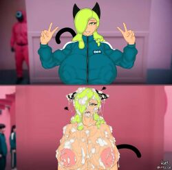1girls 69 69_(number) big_breasts breasts cum cum_drip cum_everywhere cum_in_mouth cum_on_breasts cum_on_face excessive_cum female female_focus giant_breasts gigantic_breasts huge_breasts large_breasts little_cat massive_breasts meme meow_(@little_cat) nipples_visible_through_clothing peace_sign squid_game v