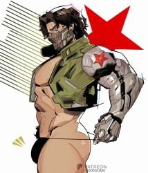 2d 2d_(artwork) bucky_barnes captain_america_(series) digital_art gay happy_trail human human_male jacket jacket_only jacket_open jaxcian male male_only marvel marvel_rivals muscular muscular_male pubic_hair solo solo_focus solo_male tease thong thong_underwear winter_soldier