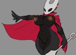 anthro areola big_breasts biped breasts cleavage cloak clothed clothing cosplay cygwin_(doenonsense) dark_body dark_fur domantantrum dracarinus dragon face_covered female fur genitals grey_background hollow_knight_(franchise) hornet's_needle hornet_(hollow_knight) hornet_(hollow_knight)_(cosplay) mask mythological_creature mythological_scalie mythology nipples orange_accents reaching_out scalie simple_background solo team_cherry vulva weapon