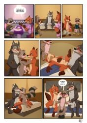 absurd_res anal anal_sex balls blush bodily_fluids brown_body brown_fur canid canine canis clothed clothing comic dialogue disney english_text erection fox fur genital_fluids genitals group group_sex guardians_of_the_galaxy hair hi_res humanoid_genitalia humanoid_penis male male/male male_penetrated male_penetrating mammal marvel nick_wilde nude nutty_bo officer_wolfard oral penetration penile penis procyonid raccoon red_fox rocket_raccoon sex smile speech_bubble tail text threesome true_fox undressing wolf zootopia