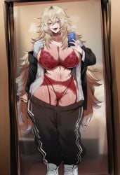 1girls ai_generated ass big_ass big_breasts blazer blonde_female blonde_hair blue_eyes breasts female ksyra ksyraarts long_hair nude nude_female phone phone_camera red_underwear shirt solo solo_female solo_focus