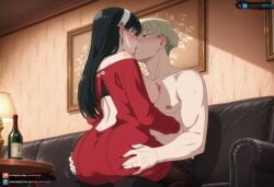 ai_generated ass ass_grab big_breasts black_hair blush breasts_out curvy female female_on_top hairband huge_breasts juanpiamvs kissing kissing_while_penetrated large_breasts long_hair mature_female milf patreon patreon_username penetration red_eyes sex shiny_skin spy_x_family subscribestar subscribestar_username sweat voluptuous watermark yor_forger