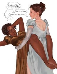 2girls barefoot bridgerton brown_hair carrying_partner dark-skinned_female dialogue feet female francesca_stirling goatedsaminator interracial legs_up legs_wrapped_around_partner lesbian light-skinned_female michaela_stirling netflix speech_bubble yuri
