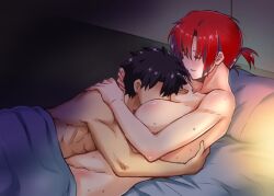 1boy 1girls akaichikushou big_breasts black_hair blush boudica_(fate) boudica_(fate/grand_order) cuddling face_on_breast fate/grand_order fate_(series) fujimaru_ritsuka_(male) hugging indoors nude red_hair sweat tagme wholesome