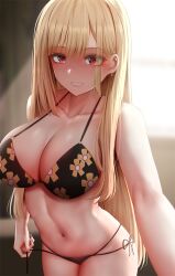 1girls 2022 belly_button bikini black_bikini blonde_hair blurry_background breasts cleavage ear_piercing female female_only flower_pattern ginhaha gyaru hips huge_breasts indoors kitagawa_marin long_hair looking_at_viewer navel red_eyes side-tie_bikini slim_waist smile smiling_at_viewer sono_bisque_doll_wa_koi_wo_suru thick_thighs thighs wide_hips