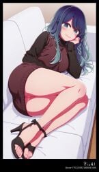 1girl 4k 8k ai_generated black body breasts brown bun butt content. couch cowboy dress explicit feets female full hair high kurokawa_akane legs long lying masterpiece mature nsfw on oshi_no_ko perfect polished quality resolution shot sleeveless sleeves smile solo sweater thighs tied toenails toes turtleneck wet_pussy white