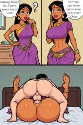 ai_generated anklet bangle bed bindi black_eyes black_hair dark-skinned_female gold_jewelry indian indian_clothes indian_female instant_loss_2koma jewelry lipstick mating_press saree sari text text_bubble vaginal_penetration