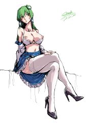 absurdres bad_id bad_pixiv_id black_footwear bra breasts detached_sleeves female frog_hair_ornament green_eyes green_hair hair_ornament high_heels highres lace-trimmed_legwear lace_trim large_breasts nail_polish navel nipple_slip nipples sanae_kochiya signature skirt stank thighhighs touhou underwear white_bra white_legwear