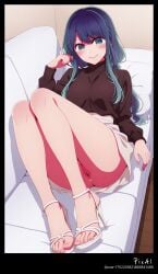 1girl 4k 8k ai_assisted black body breasts brown bun butt content. couch cowboy dress explicit feets female full hair high kurokawa_akane legs long lying masterpiece mature nsfw on oshi_no_ko perfect polished quality resolution shot sleeveless sleeves smile solo sweater thighs tied toenails toes turtleneck wet_pussy white