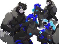 anthro big_breasts black_hair blue_eyes blue_hair blue_nipples blue_penis blush bodily_fluids breast_grab breasts canid canine canis clothed clothing clothing_lift cum cum_in_vagina cum_inside cum_on_breasts cum_on_face female from_behind_position genital_fluids genitals grey_body hair hal_greaves hand_on_breast hand_on_hip hi_res kissing male male/female mammal multiple_poses nipples omzzimeow penetration penis pose sex shirt shirt_lift standing standing_sex teasing teasing_with_butt thea_(wolfrank1149) thong topwear underwear wolf