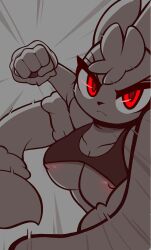 2021 anthro areola areola_slip ass breasts clothing female fighting_pose fist frown genitals hi_res long_ears looking_at_viewer lopunny medium_breasts mega_evolution mega_lopunny monochrome motion_lines nintendo nipple_slip pinkcappachino pokémon_(species) pokemon pokemon_(species) pose punch pussy red_eyes shaded simple_background solo under_boob video_games