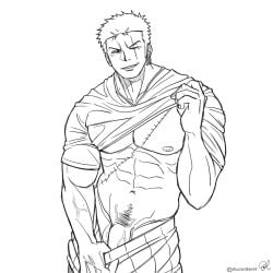 moonmuzzle one_piece larger_male roronoa_zoro zoro_(one_piece) zoro bara barazoku bara_tits bara_tiddies 1boy male male_only male_focus manly masculine_male gay yaoi solo solo_focus solo_male muscular muscular_male muscles hunk beefy tough_guy bigger_male broad_shoulders scars scar_on_face scar scar_across_eye scar_on_chest japanese_male pirate post-timeskip handsome_man earrings haramaki pubic_hair penis big_penis large_penis big_dick_energy huge_cock penis_down flaccid_bigger flaccid seductive exibitionism half-dressed imminent_nudity monochrome veiny_penis veins veiny veiny_muscles biceps shirt_pull pants_down