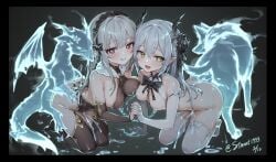 2girls :d :q ass-to-ass_penetration bent_over black_bow black_bowtie blush bow bowtie breasts bright_pupils brown_thighhighs commentary_request dragon dragon_girl dragon_horns fascinator frilled_hairband frills full_body group_sex hairband heart heart_in_eye highres horns kneeling medium_breasts multiple_girls nipple_chain red_eyes rimworld sex small_breasts smile spirit stmast symbol_in_eye thighhighs tongue tongue_out white_pupils white_thighhighs yellow_eyes zoophilia