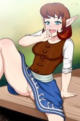 aldharoku anju artist_signature blue_eyes blush clothed cropped_legs knee_up legs_apart majora's_mask no_panties pointy_ears pussy pussy_juice sitting skirt sweat tagme the_legend_of_zelda