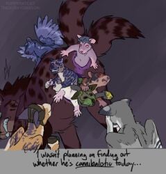 2_faces 2_tails alien ambiguous_gender anal anal_sex anal_vore anus canid canine canis english_text felid feline feral fur group herpestid hi_res low-angle_view male male_penetrated mammal maned_wolf markings meerkat multi_face multi_snout multi_tail open_mouth partially_inside penetration pouch_(anatomy) puppyratcat rodent serval simple_background size_difference smile spots spotted_body surprise_buttsex surprised tail text vore wings worm's-eye_view xangen xog