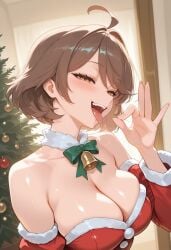 ahoge ai_generated bangs bare_shoulders bell blush bow bowtie breasts brown_eyes brown_hair christmas christmas_tree cleavage collarbone detached_sleeves dress fellatio_gesture female fur-trimmed_sleeves fur_trim green_bow half-closed_eyes indoors large_breasts looking_at_viewer minus5 naughty_face open_mouth oral_invitation original_character red_dress saliva saliva_trail santa_costume sexually_suggestive short_hair smile solo strapless teeth tongue tongue_out upper_body