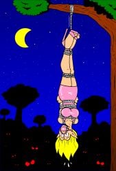 1girls alexanderlegrand arms_behind_back blonde_hair bondage bound bound_ankles bound_arms bound_legs box_tie dress elf elf_ears female female_focus femsub gag gagged harness_gag high_heels latex latex_clothing latex_dress outdoors panel_gag pink_clothing pink_dress png rope shiny_clothes short_dress suspended suspension_bondage tight_clothing upside-down