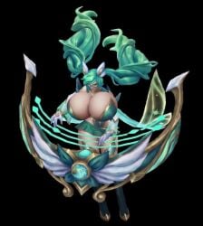 ai_edit big_breasts breasts_bigger_than_head enormous_breasts green_hair huge_breasts ingame_model magical_girl magical_girl_outfit microskirt miniskirt pointless_clothing riot_games skirt sona_(league_of_legends) sona_buvelle star_guardian_series star_guardian_sona