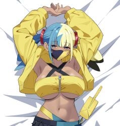 1girls absurdres alternate_breast_size_(larger) bandeau blonde_hair blue_hair breasts canari_(pokemon) canary_(pokemon) dark-skinned_female dark_skin female highres jacket large_breasts looking_at_viewer lying multicolored_hair nintendo on_back pokemon pokemon_legends:_z-a reia_76 underboob yellow_bandeau yellow_jacket