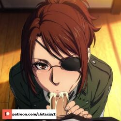 1female 1girls ai_generated ass ass_focus attack_on_titan big_breasts black_bra black_panties bra brown_hair eren_jaeger female glasses_on_head hange_zoe hanji_zoe panties round_ass round_butt seductive seductive_look shingeki_no_kyojin solo solo_female