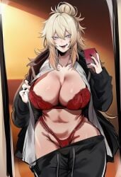 1girls ai_generated ass big_ass big_breasts blazer blonde_female blonde_hair blue_eyes breasts female ksyra ksyraarts long_hair nude nude_female phone phone_camera red_underwear shirt solo solo_female solo_focus